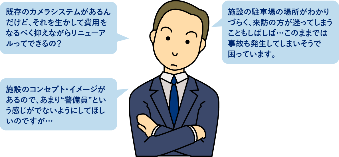 ご相談例：費用をなるべく抑えながらリニューアルしたい、あまり「警備員」という感じがでないようにしてほしい、など